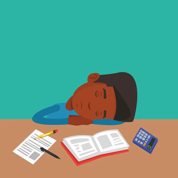 Male student sleeping at the desk with book. — Stock Vector