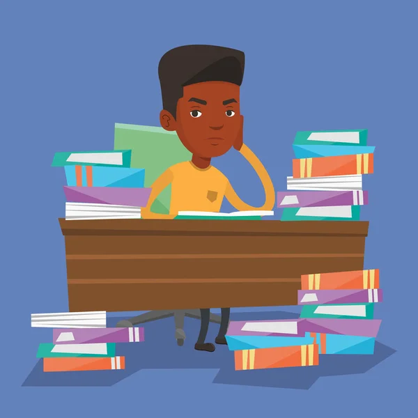 Student sitting at the table with piles of books. — Stock Vector