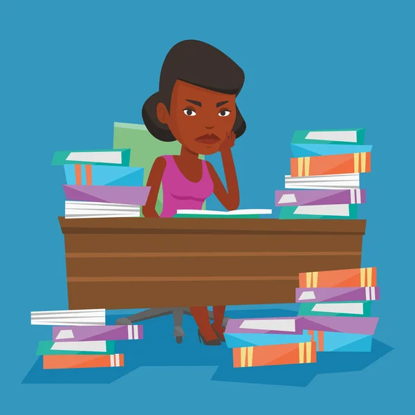 Estudiante sentado a la mesa con montones de libros . — Vector de stock