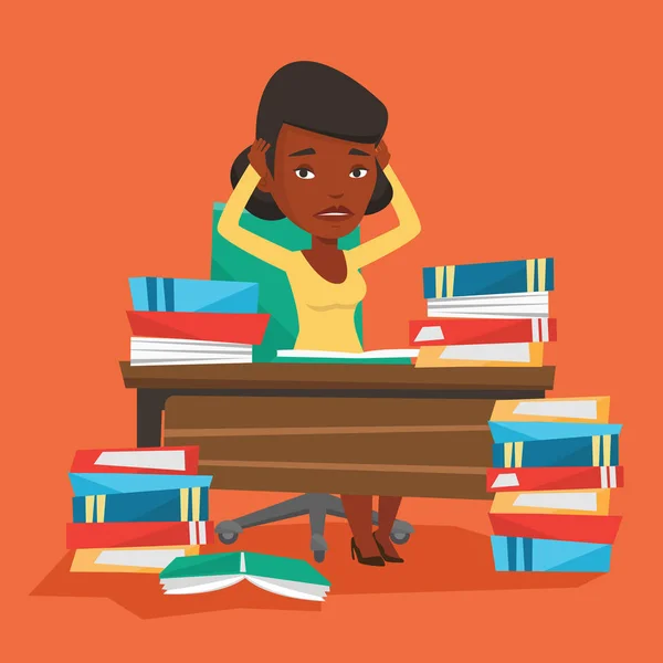 Student som sitter vid bordet med högar av böcker. — Stock vektor