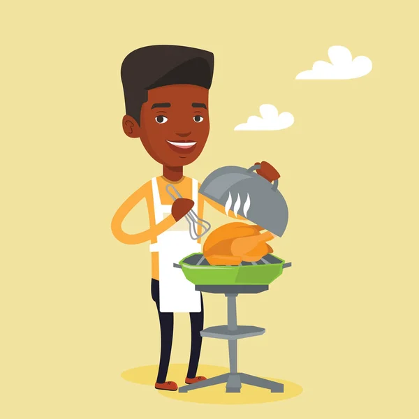 Man koken kip op de barbecue grill. — Stockvector