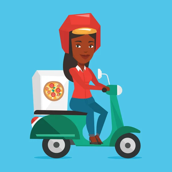 Vrouw leveren van pizza op scooter. — Stockvector