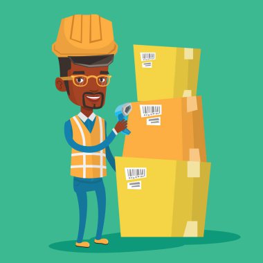 İşçi tarama barkod kutusu üzerinde ambar.