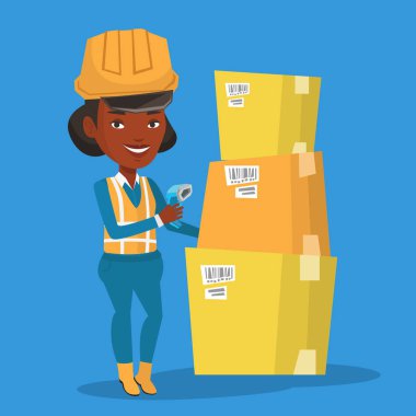 İşçi tarama barkod kutusu üzerinde ambar.