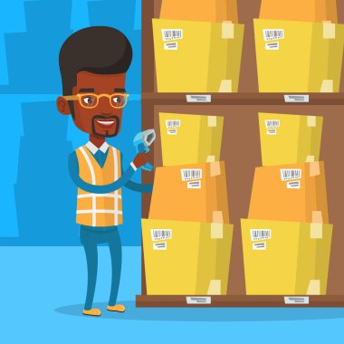 İşçi tarama barkod kutusu üzerinde ambar.