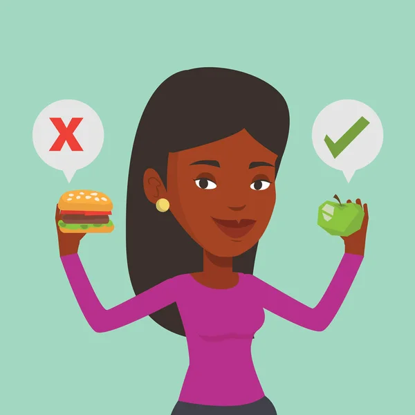 Nő közötti választás hamburger és cupcake. — Stock Vector