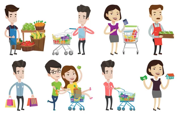 Conjunto vectorial de personajes de gente de compras . — Vector de stock