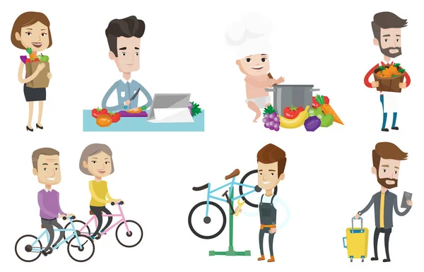 Conjunto vectorial de personas comiendo y viajando . — Vector de stock