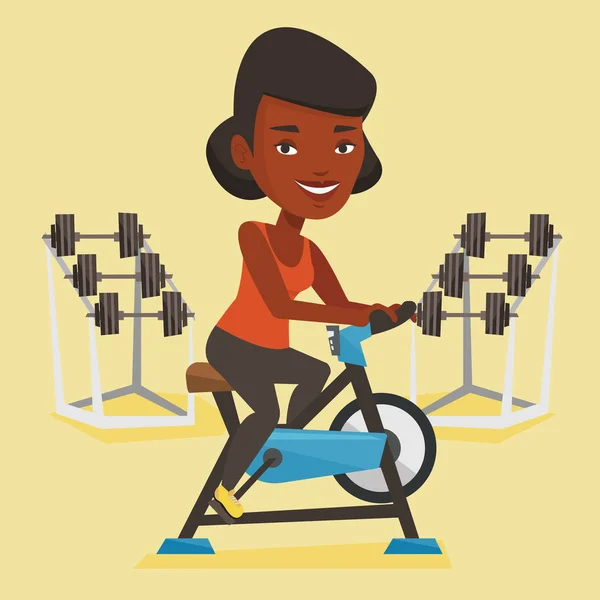Young woman riding stationary bicycle. — Stock Vector