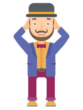 Kafasını tutarak stresli sirk sanatçısı.