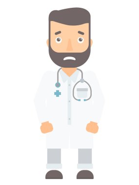 Beyaz önlük içinde mahcup doktor.