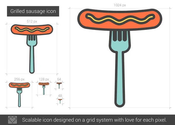 Grilled sausage on fork line icon. — Stock Vector