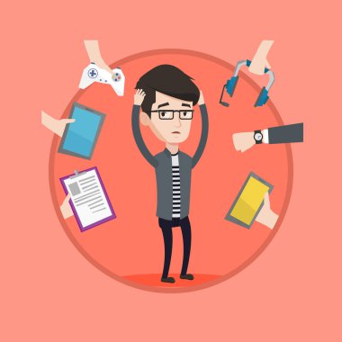 Genç adam onun gadget'lar ile çevrili.