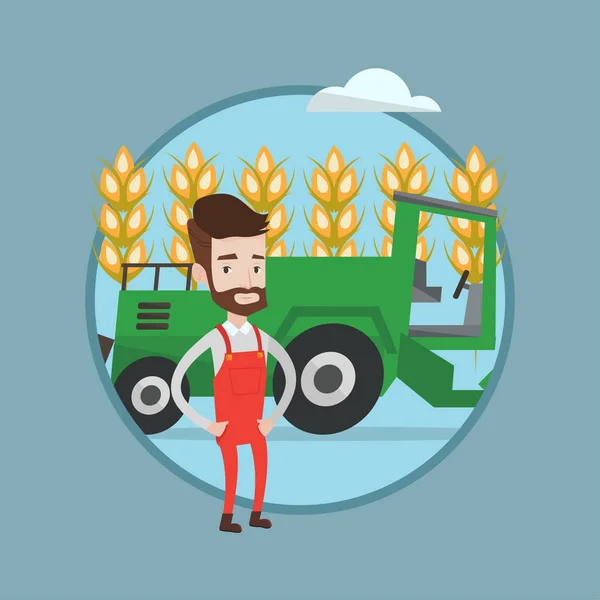 Agricoltore in piedi con combinare sullo sfondo . — Vettoriale Stock