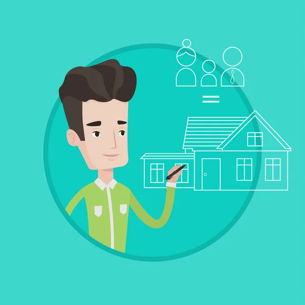 Young man drawing his family house. — Stock Vector