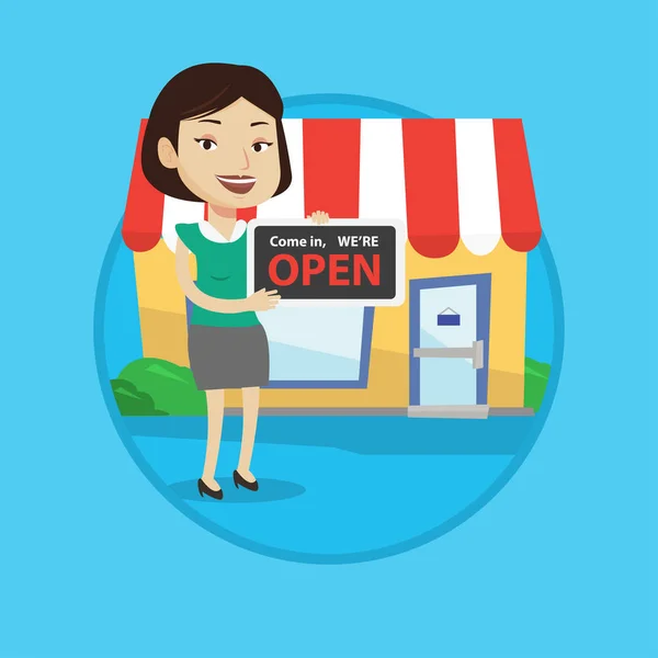 Vrouwelijke winkeleigenaar houden open uithangbord. — Stockvector