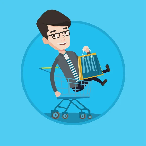 Happy man riding by shopping trolley. — Stock Vector