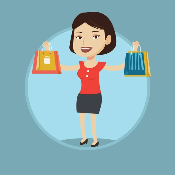 Ευτυχισμένη γυναίκα που κρατάει τσάντες για ψώνια. — Διανυσματικό Αρχείο