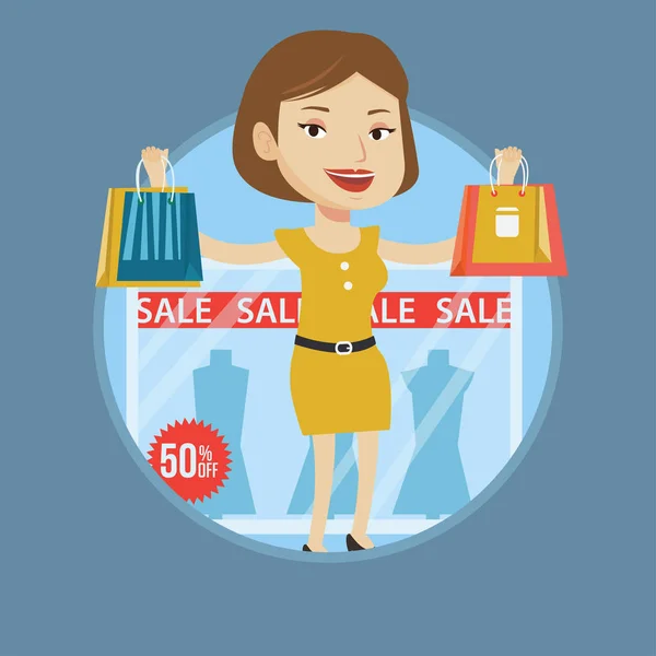 Vrouw winkelen op verkoop vectorillustratie. — Stockvector