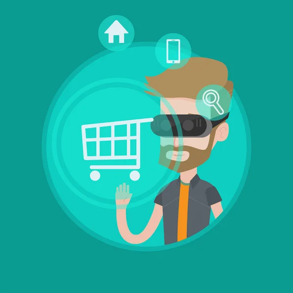 Mannen i virtuell verklighet headset shopping online. — Stock vektor
