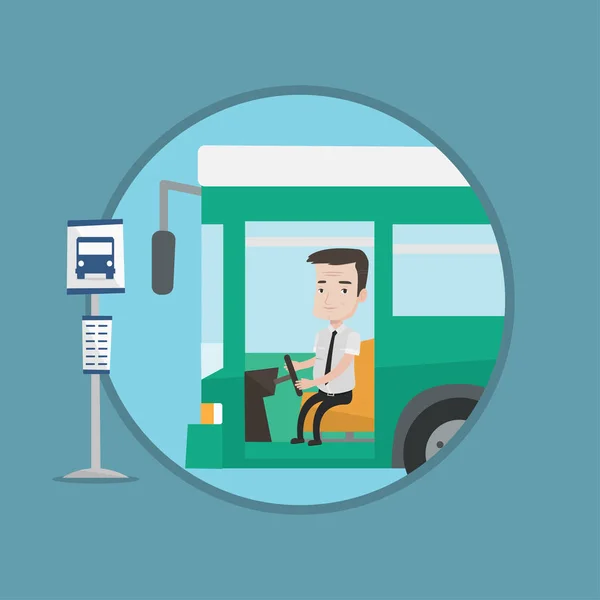 Caucasian bus driver sitting at steering wheel. — Stock Vector