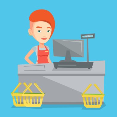 Süpermarkette kasada duran kasiyer.