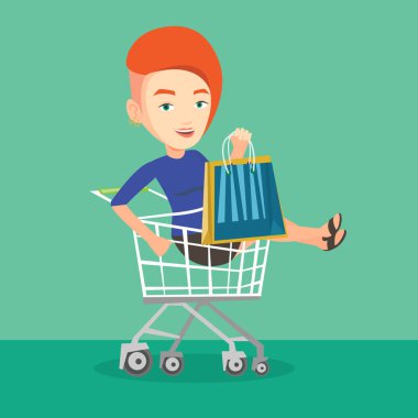 Mutlu kadın arabası alışveriş tarafından at binme.