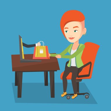 Kadın alışveriş online vektör çizim.