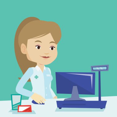 Eczacı kasaya para kutusu.