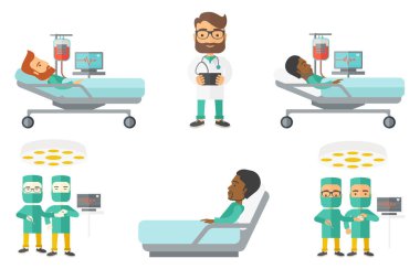 Vektör set doktor karakterler ve hastaların.