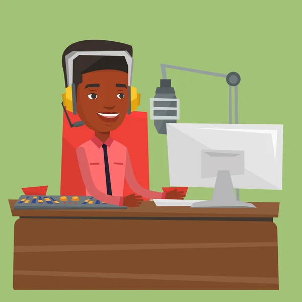 Hombre dj trabajando en la ilustración del vector de radio — Vector de stock