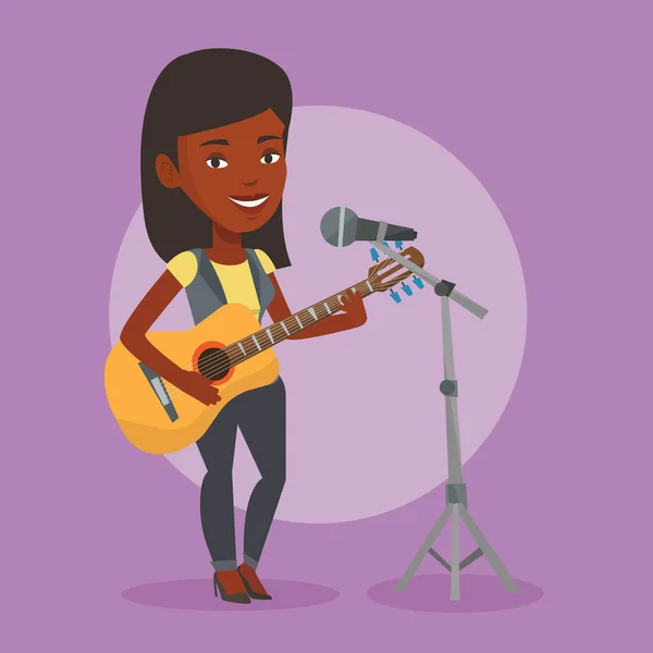 Woman singing in microphone and playing guitar. — Stock Vector