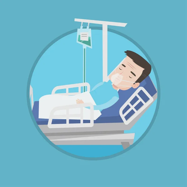 Patient lying in hospital bed with oxygen mask. — Stock Vector