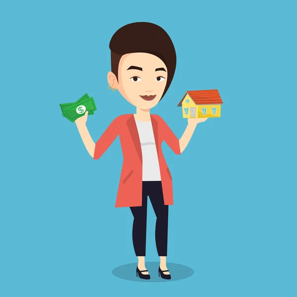 Mujer comprando casa gracias a préstamo . — Vector de stock