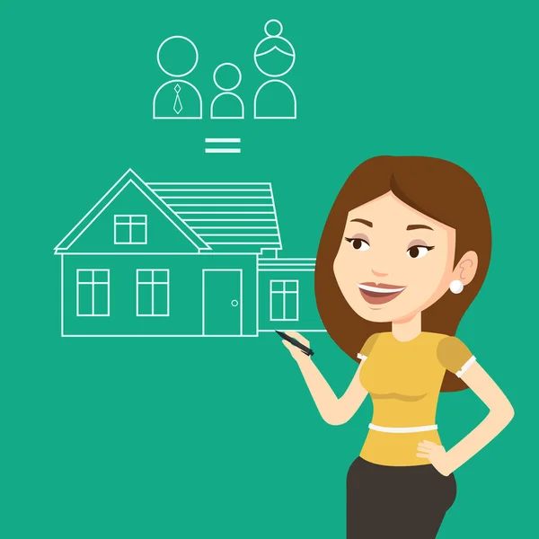 Young woman drawing her family house. — Stock Vector