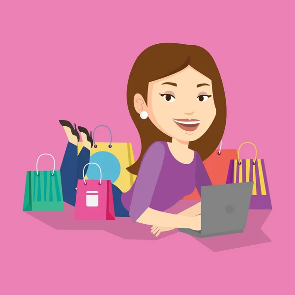 Femme shopping illustration vectorielle en ligne . — Image vectorielle