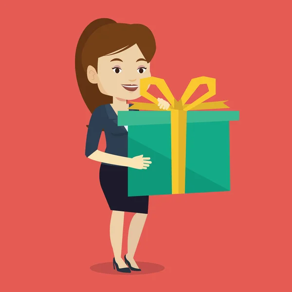 Joyful caucásico mujer celebración caja con regalo . — Vector de stock