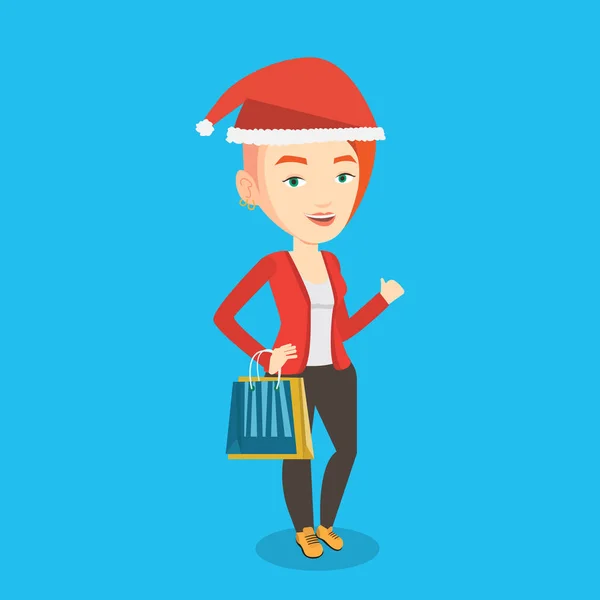 Santa kalap bevásárlás részére ajándék karácsony nő. — Stock Vector