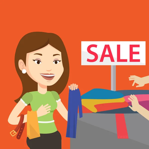 Jonge vrouw kiezen van kleding in de winkel te koop. — Stockvector