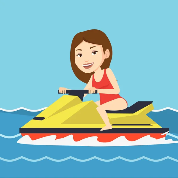 Mujer caucásica entrenando en moto acuática en el mar . — Vector de stock