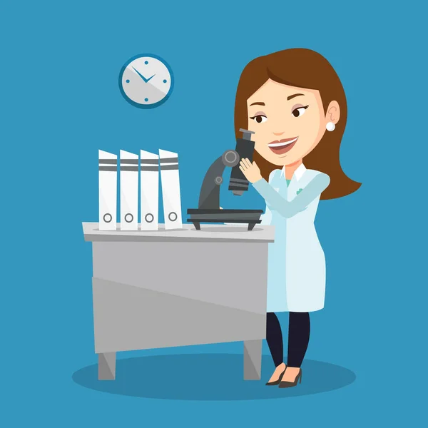 Laboratory assistant with microscope. — Stock Vector