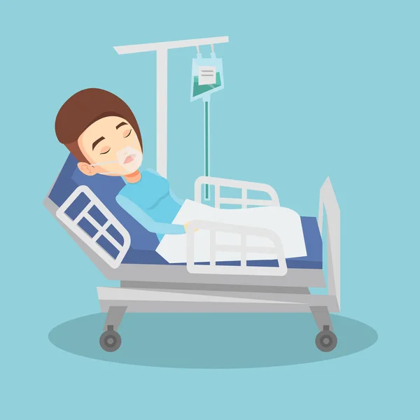 Patient lying in hospital bed with oxygen mask. — Stock Vector