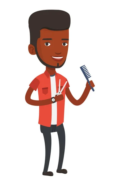 Barbier tenant peigne et ciseaux dans les mains . — Image vectorielle