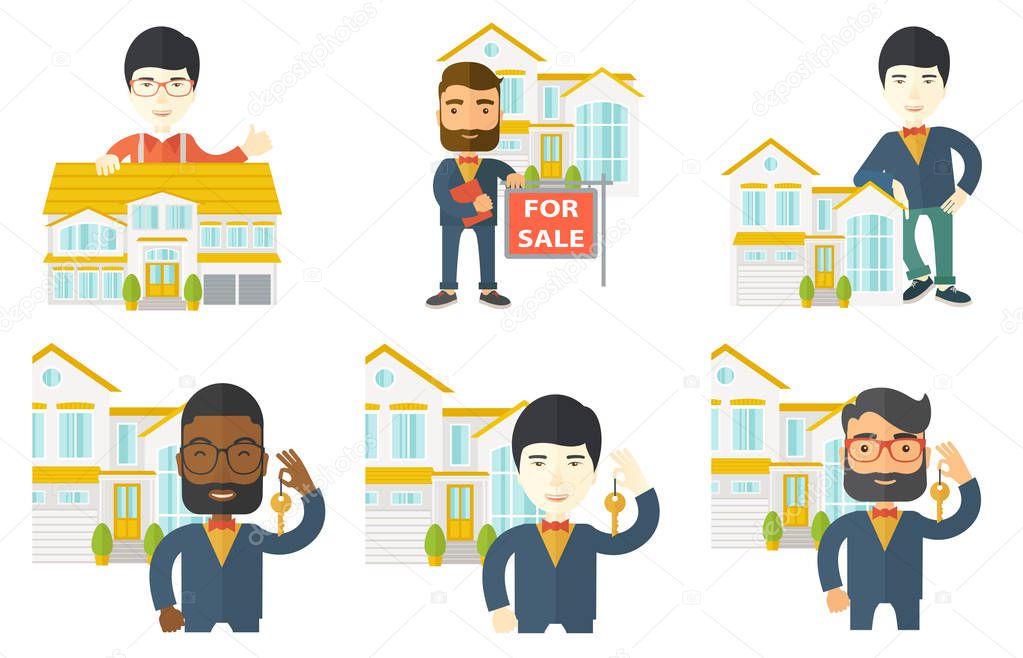 Vector set of real estate agents and house owners.