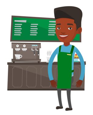 Barista ayakta yakınındaki kahve makinesi.