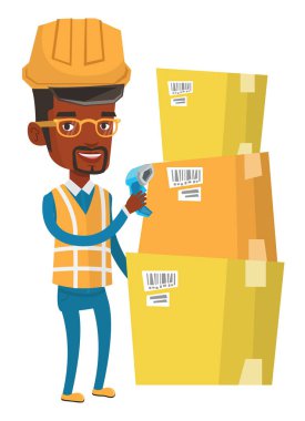 İşçi tarama barkod kutusu üzerinde ambar.