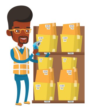 İşçi tarama barkod kutusu üzerinde ambar.