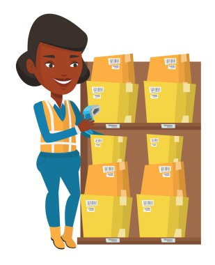 İşçi tarama barkod kutusu üzerinde ambar.