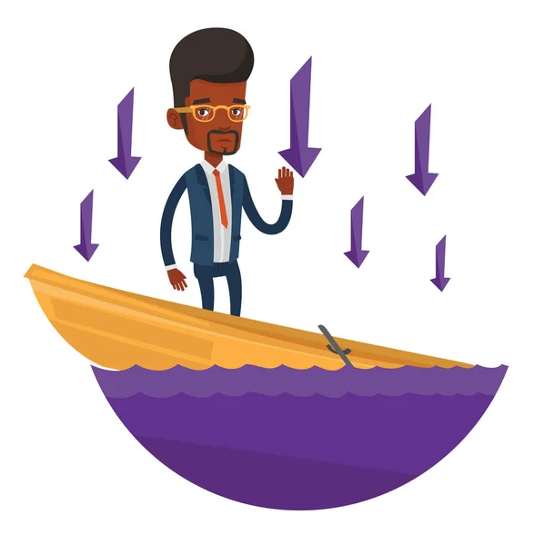 Business man standing in sinking boat. — Stock Vector