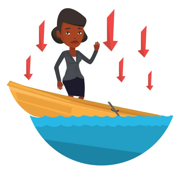 Business woman standing in sinking boat. — Stock Vector